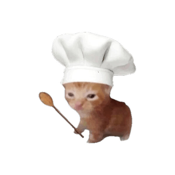 a small cat with a wooden spoon and chef hat